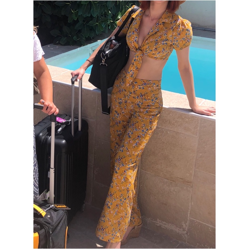 Mustard Floral Pants and Crop 2 Piece Matching Set